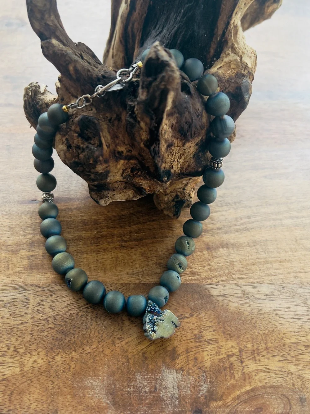Handmade Matte Green Bead Necklace with Druzy Pendant and druzy beads